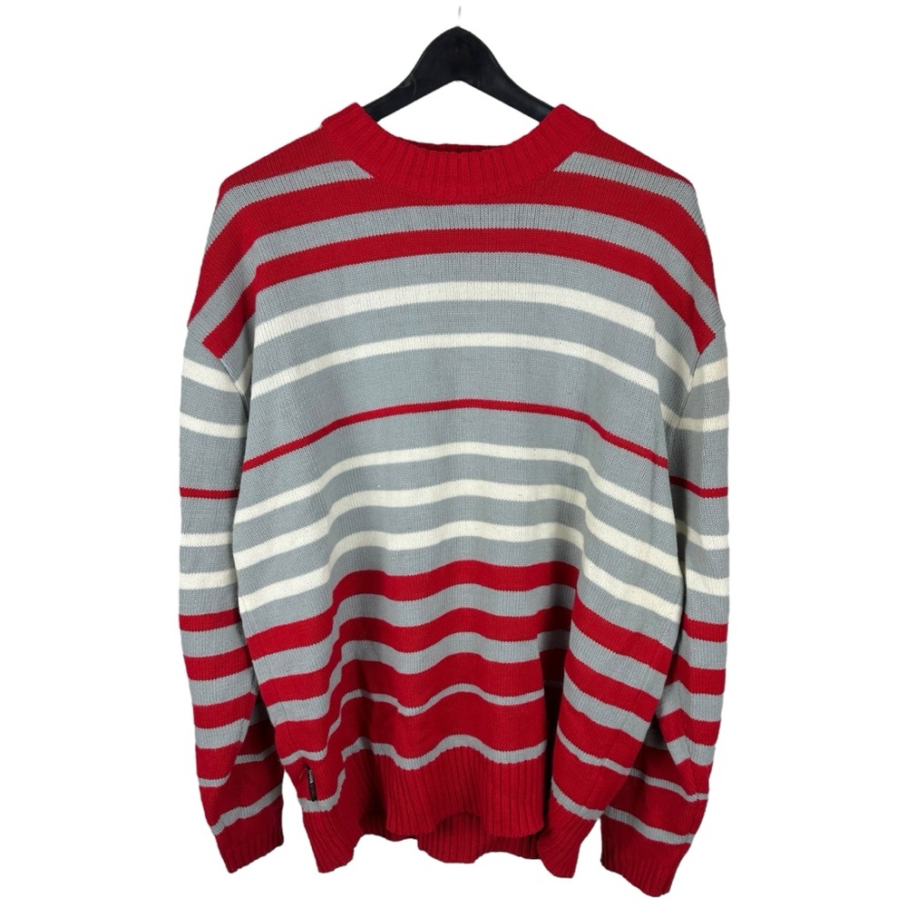 Vintage 90s Koman Sport Red Grey Striped Essential Knit Sweater Size M